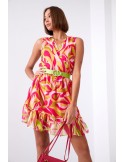 Light patterned dress with a belt, neon green and pink 03040 - Online store - Boutique